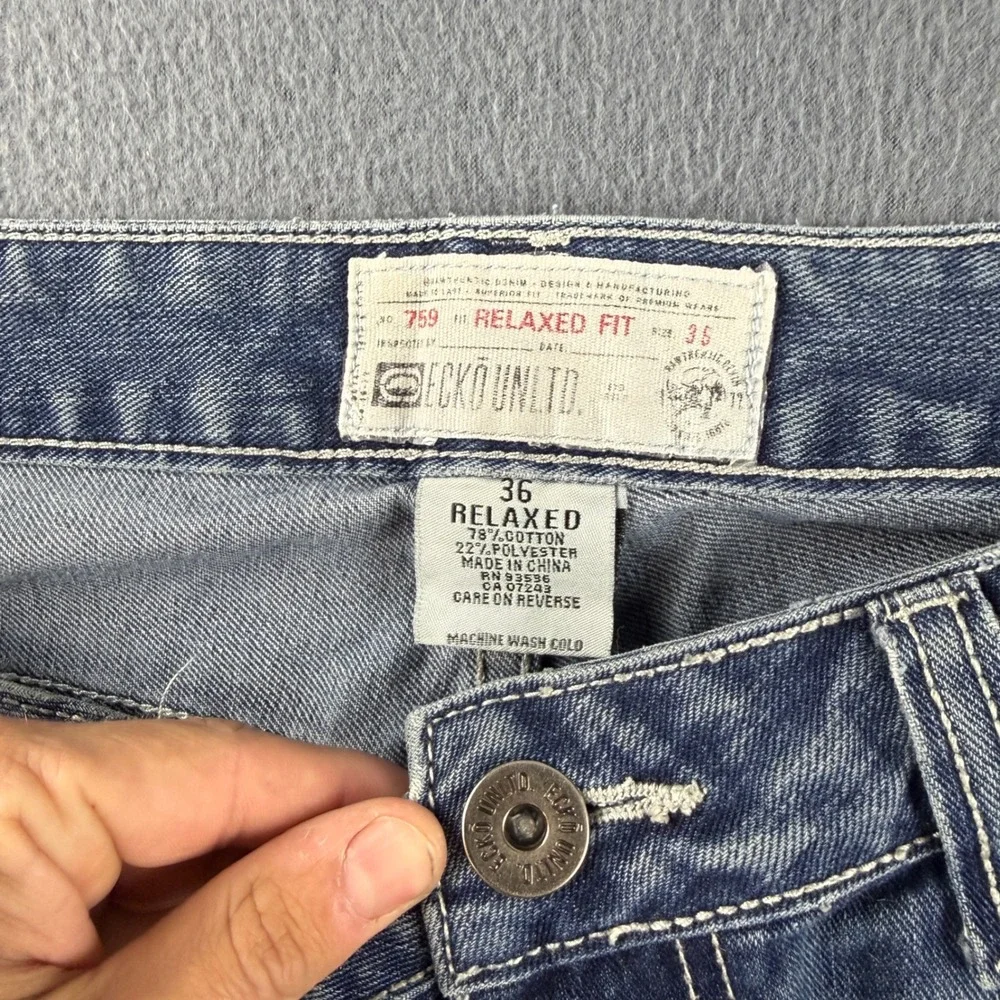Ecko Unltd Jeans Men's 36 (Fits 38x32) Blue Relaxed Baggy Wide Leg Whiskered Y2K